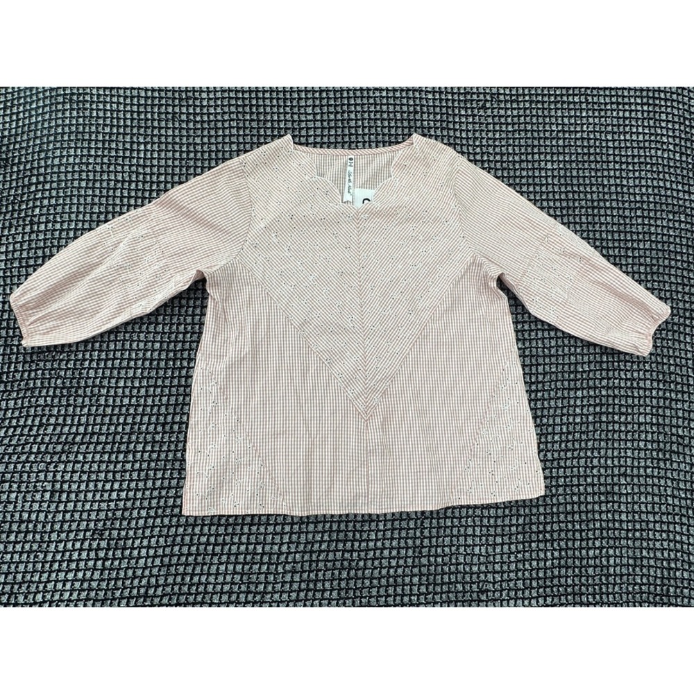 Leo & Nicole Gingham Eyelet Blouse Womens PS‎ Tan Excellent Scalloped V-Neck Top